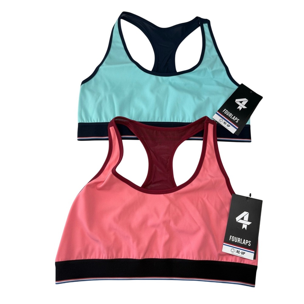 Fourlaps Womens Circuit Sports Bra Set of 2 Aqua‎ Navy & Baked Velvet Large NEW